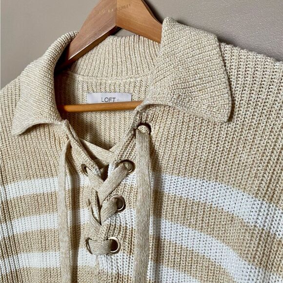LOFT V-Neck Sweater with Lace-Up Detail collared pullover sz XS neutral EUC - Picture 2 of 13
